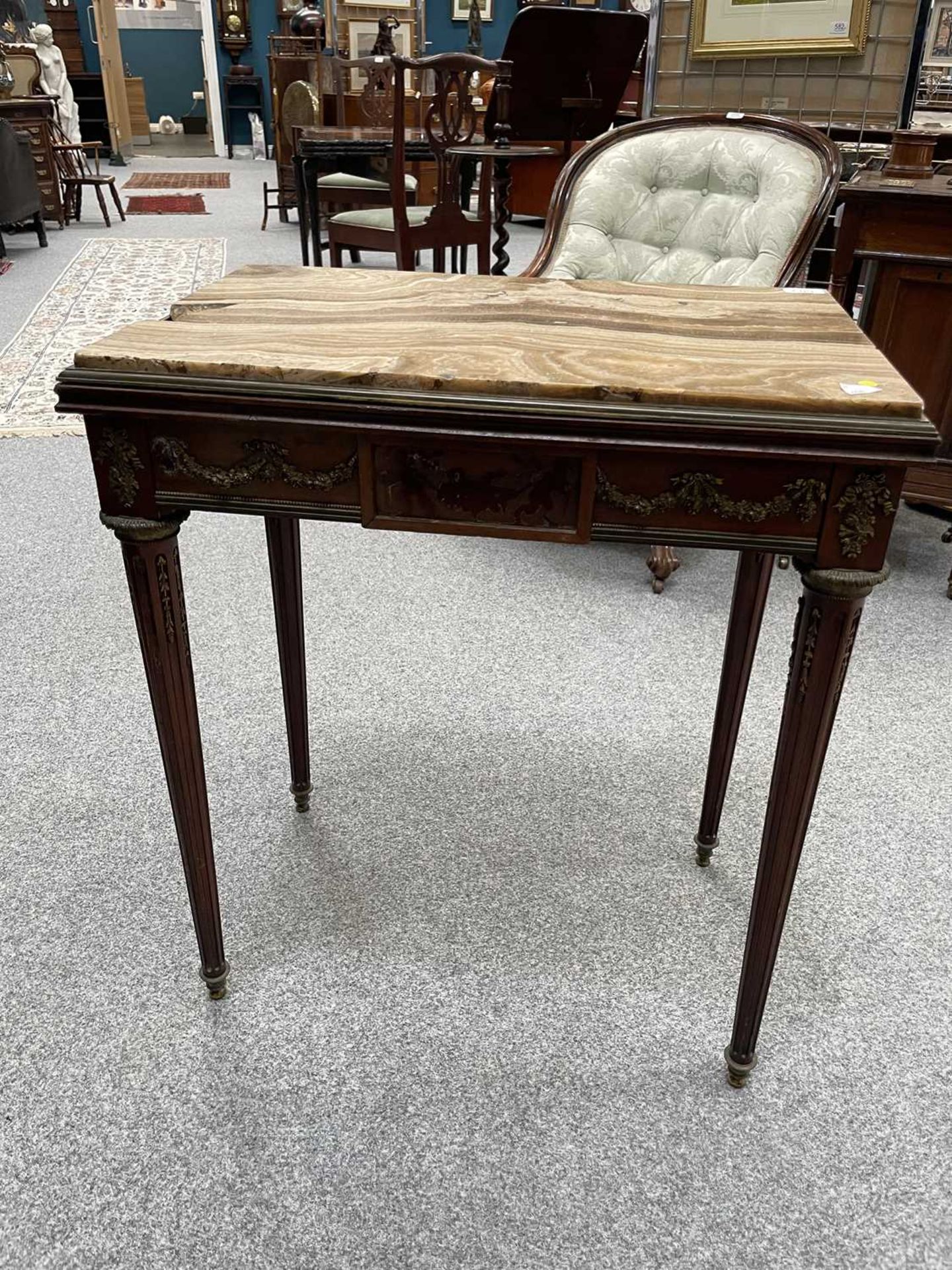 A LOUIS XVI STYLE MARBLE-TOPPED, GILT-METAL MOUNTED MAHOGANY SIDE TABLE - Image 10 of 12