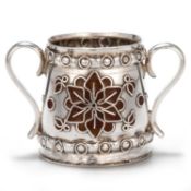AN ARTS AND CRAFTS SILVER AND ENAMEL TWIN-HANDLED CUP