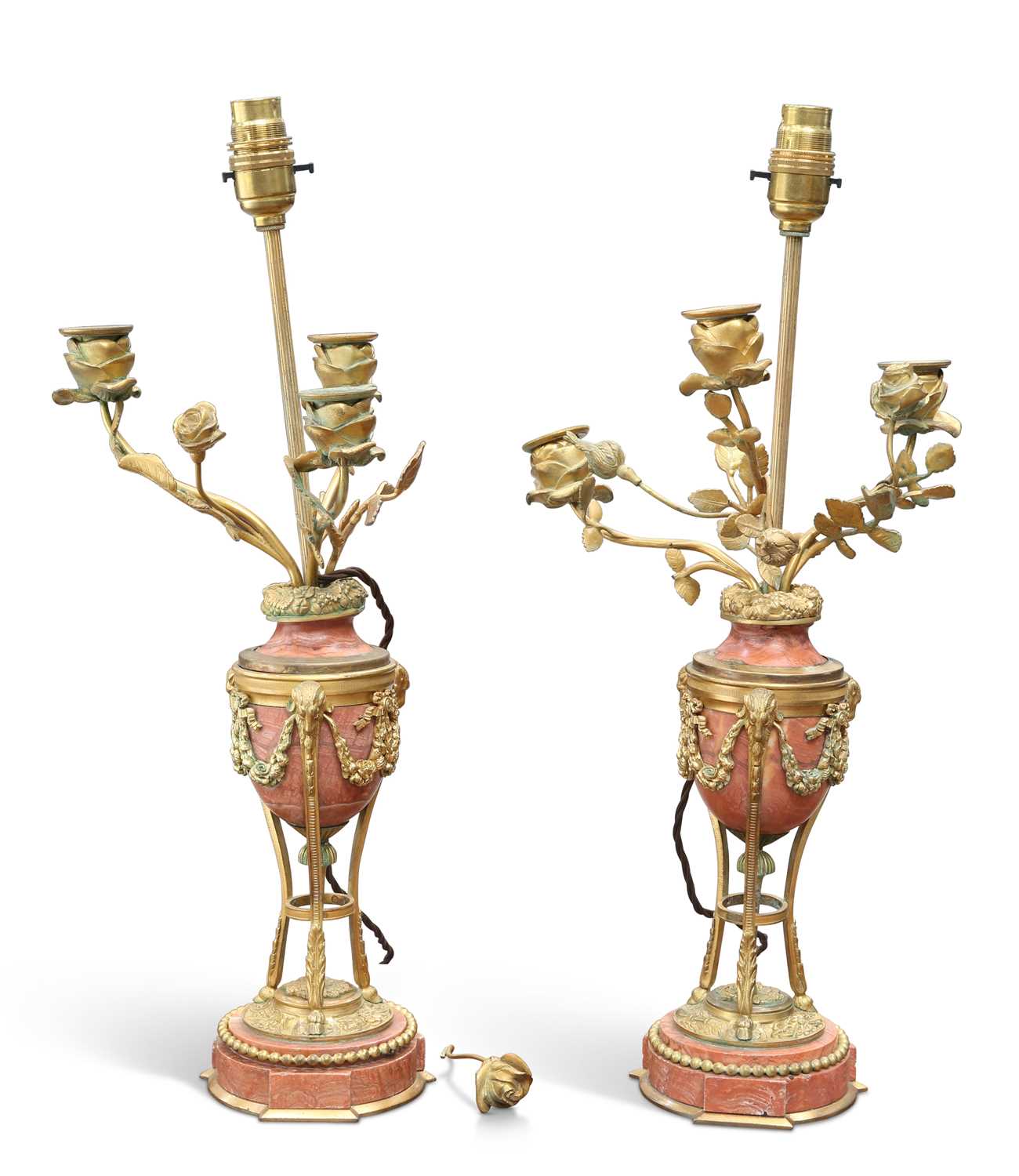 A PAIR OF 19TH CENTURY GILT-METAL MOUNTED MARBLE TABLE LAMPS