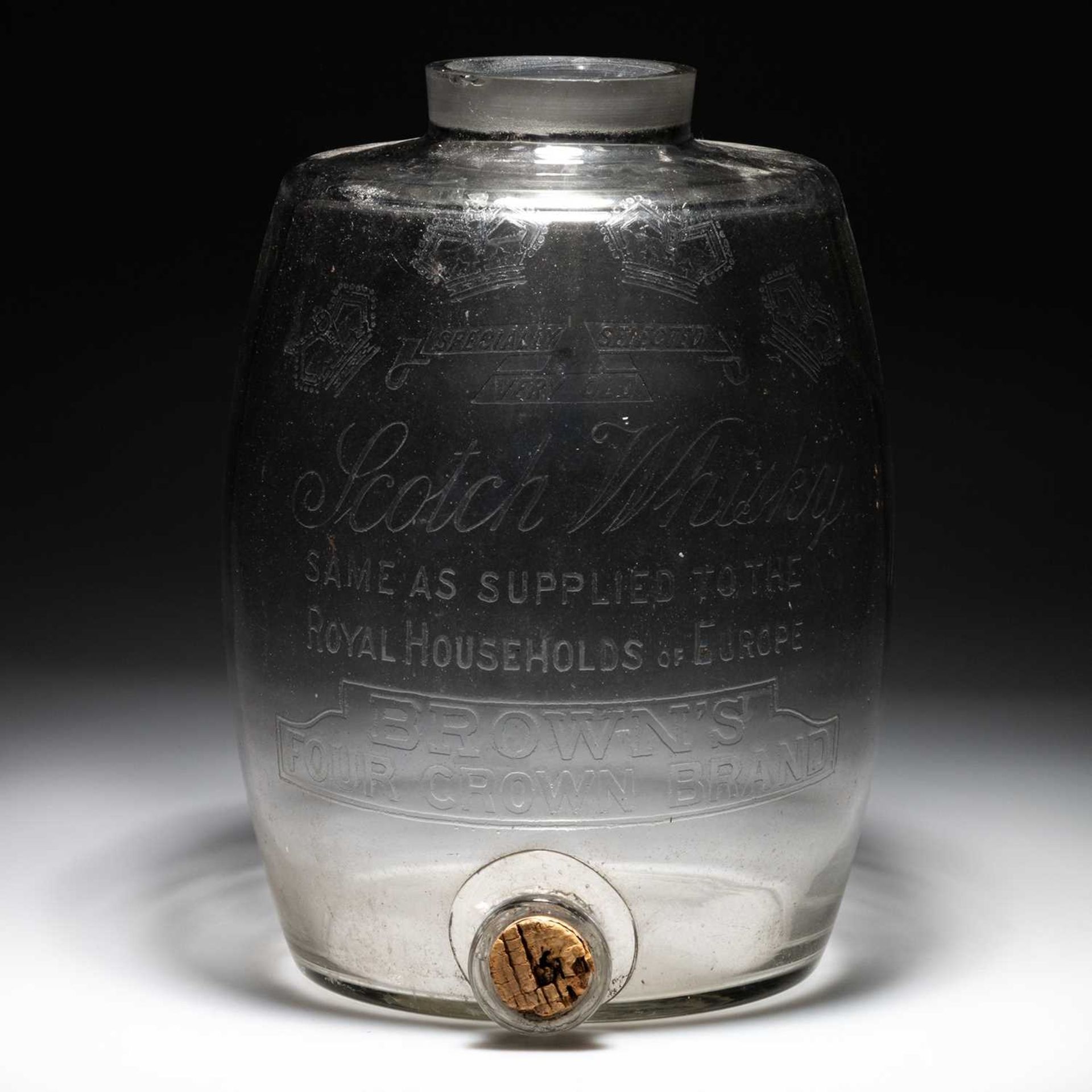 A RARE BROWN'S FOUR CROWN SCOTCH WHISKY GLASS BARREL