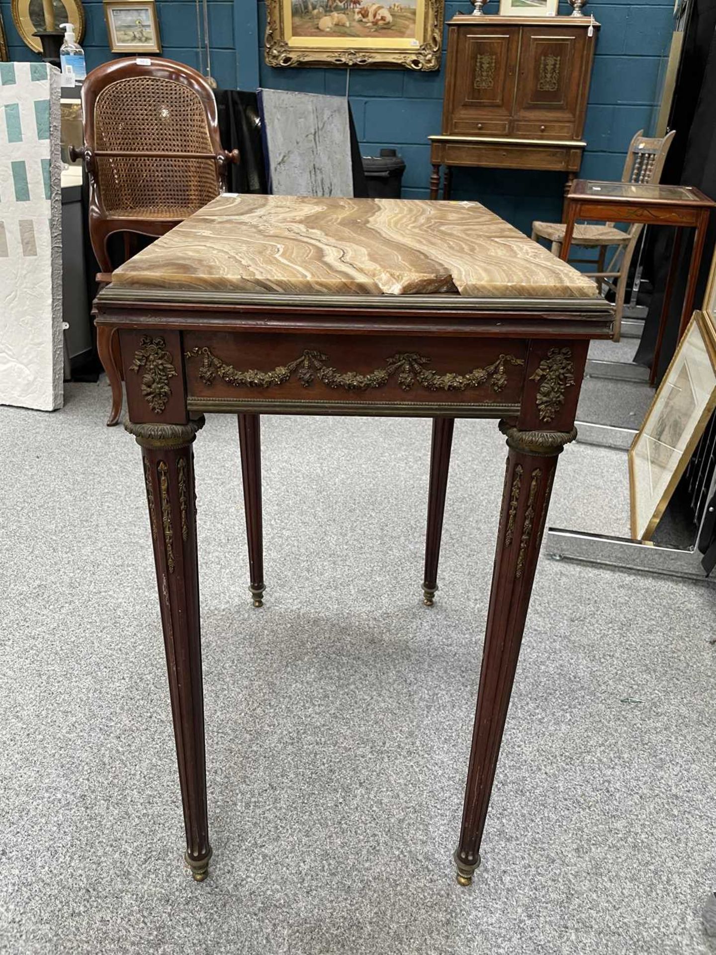 A LOUIS XVI STYLE MARBLE-TOPPED, GILT-METAL MOUNTED MAHOGANY SIDE TABLE - Image 9 of 12