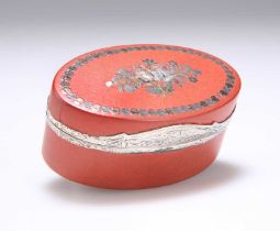 A LOUIS XVI SILVER-MOUNTED TRI-COLOUR GOLD INLAID RED LACQUER BOÎTE-À-MOUCHES, CIRCA 1775-80