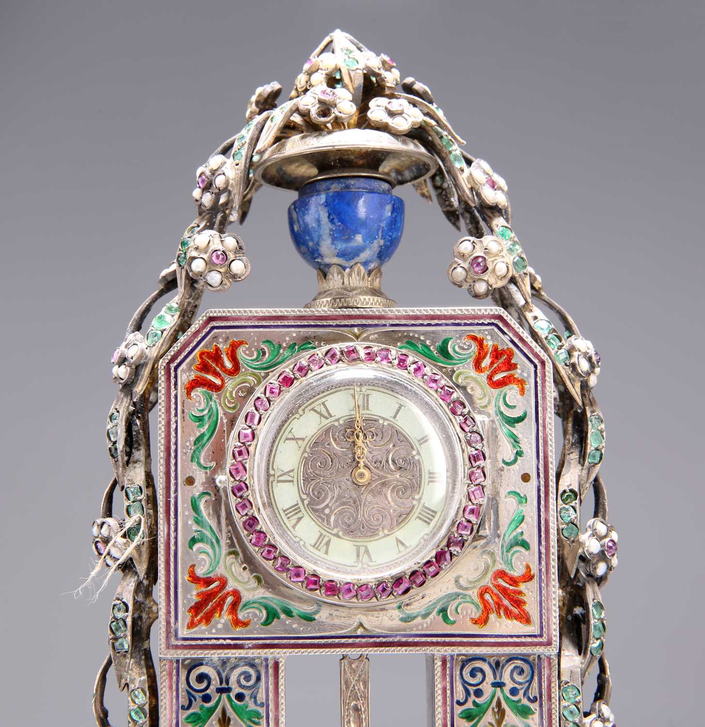 A FINE VIENNESE ENAMEL, LAPIS, SILVER AND GEM-SET MANTEL CLOCK, CIRCA 1880 - Image 4 of 4