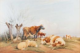 THOMAS SIDNEY COOPER RA (1803-1902) CATTLE AND SHEEP RESTING, FARM BUILDINGS BEYOND