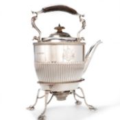 A VICTORIAN SILVER SPIRIT KETTLE ON STAND