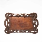 A CHINESE CARVED HARDWOOD TWO-HANDLED TRAY, 19TH CENTURY