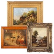 19TH CENTURY ENGLISH SCHOOL THREE OILS, RIVER LANDSCAPE, COUNTRY COTTAGE AND INTERIOR WITH DOG AND B