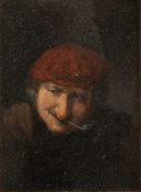 18TH/19TH CENTURY DUTCH SCHOOL PORTRAIT OF A MAN IN RED CAP SMOKING A PIPE