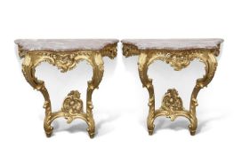 A PAIR OF LOUIS XV STYLE MARBLE-TOPPED GILTWOOD CONSOLE TABLES, 19TH CENTURY