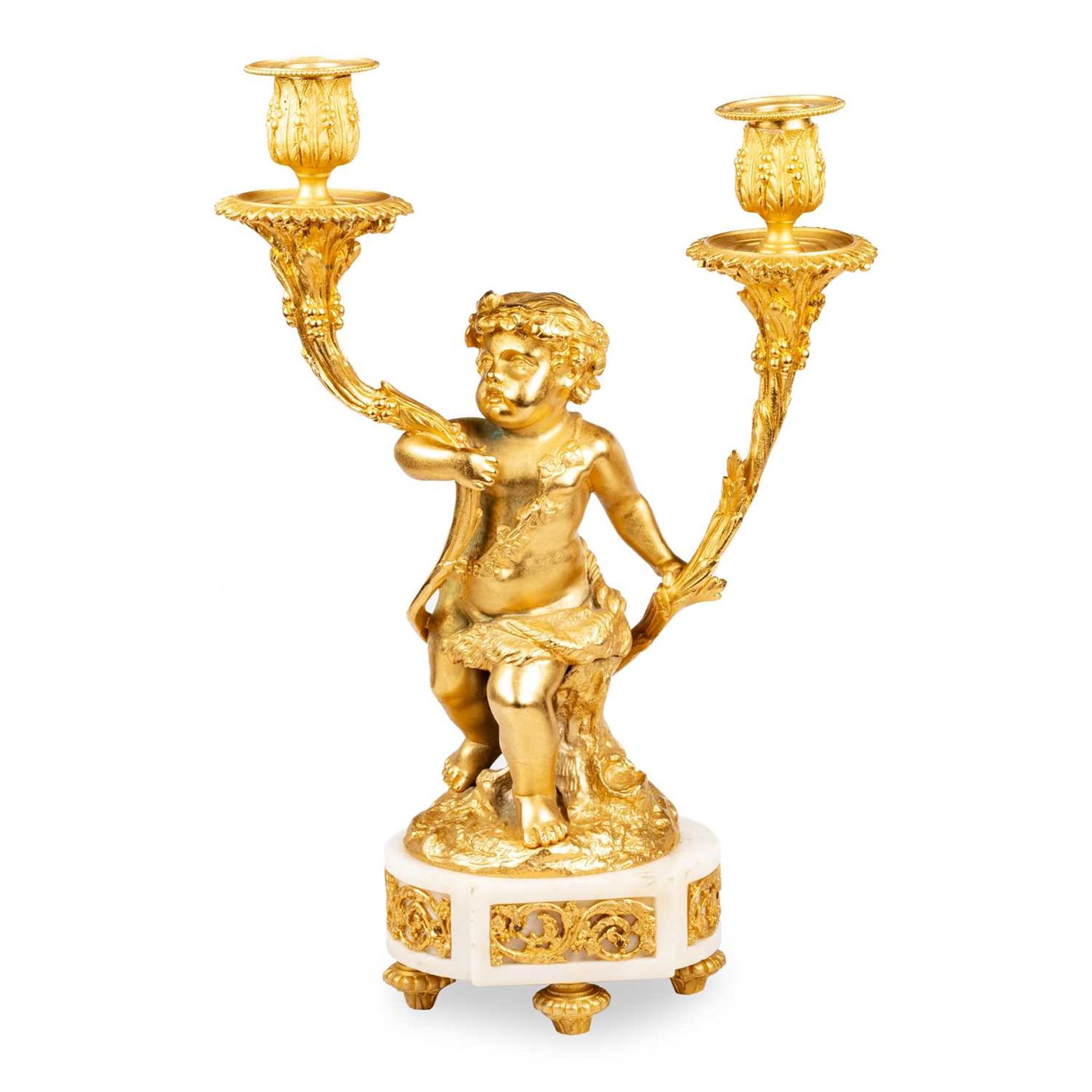 A PAIR OF LOUIS XVI STYLE GILT-BRONZE AND MARBLE FIGURAL TWO-LIGHT CANDELABRA After models by Claude - Image 2 of 3