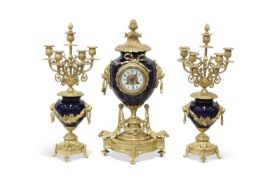 A FRENCH GILT-METAL AND COBALT ENAMEL GARNITURE DE CHEMINEE, LATE 19TH CENTURY signed NEUBAUER