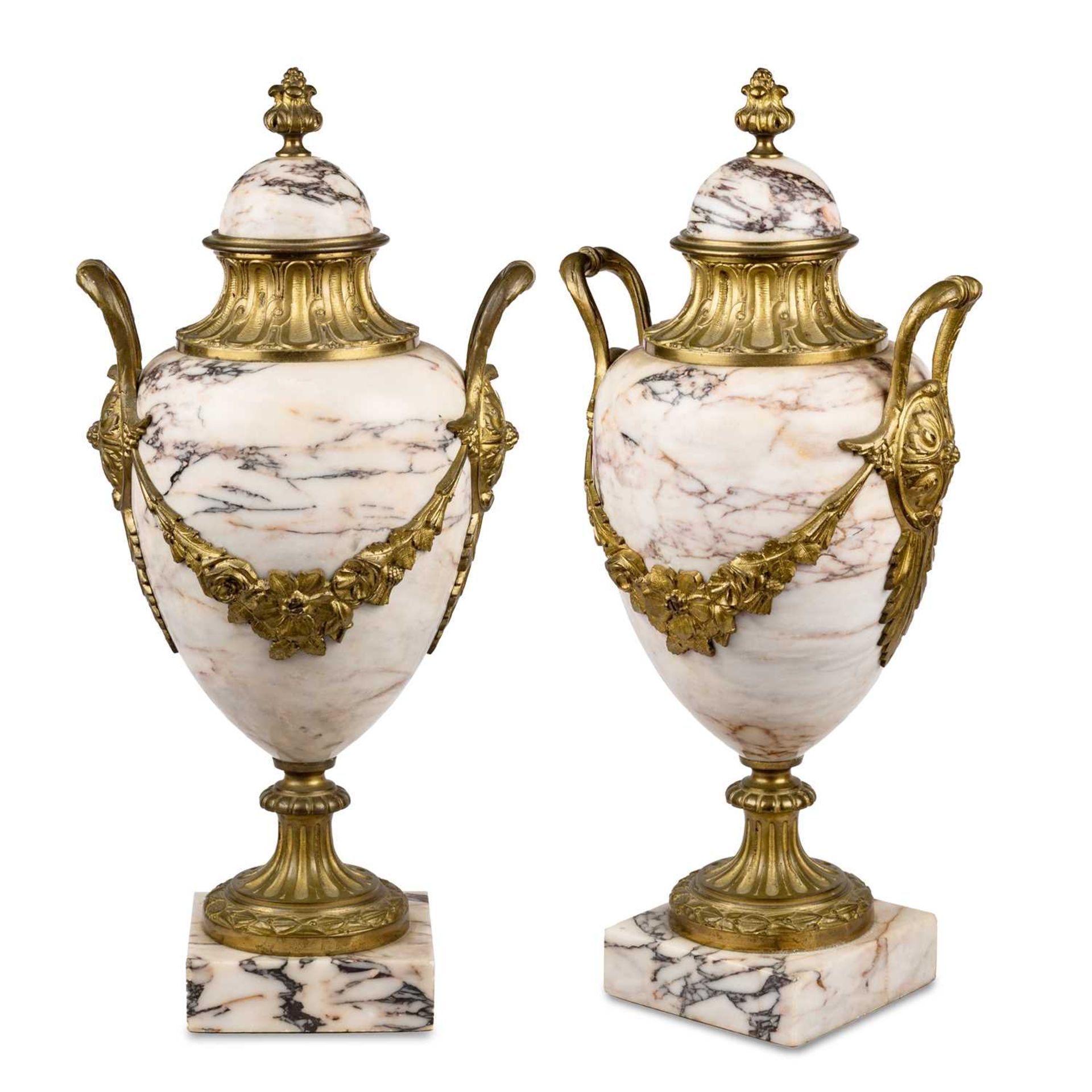 A PAIR OF LOUIS XVI STYLE GILT-BRONZE MOUNTED MARBLE CASSOLETTES, 19TH CENTURY
