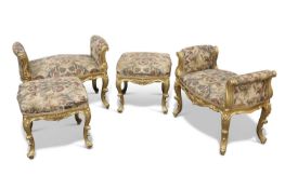 A SUITE OF LOUIS XV STYLE UPHOLSTERED GILTWOOD STOOLS