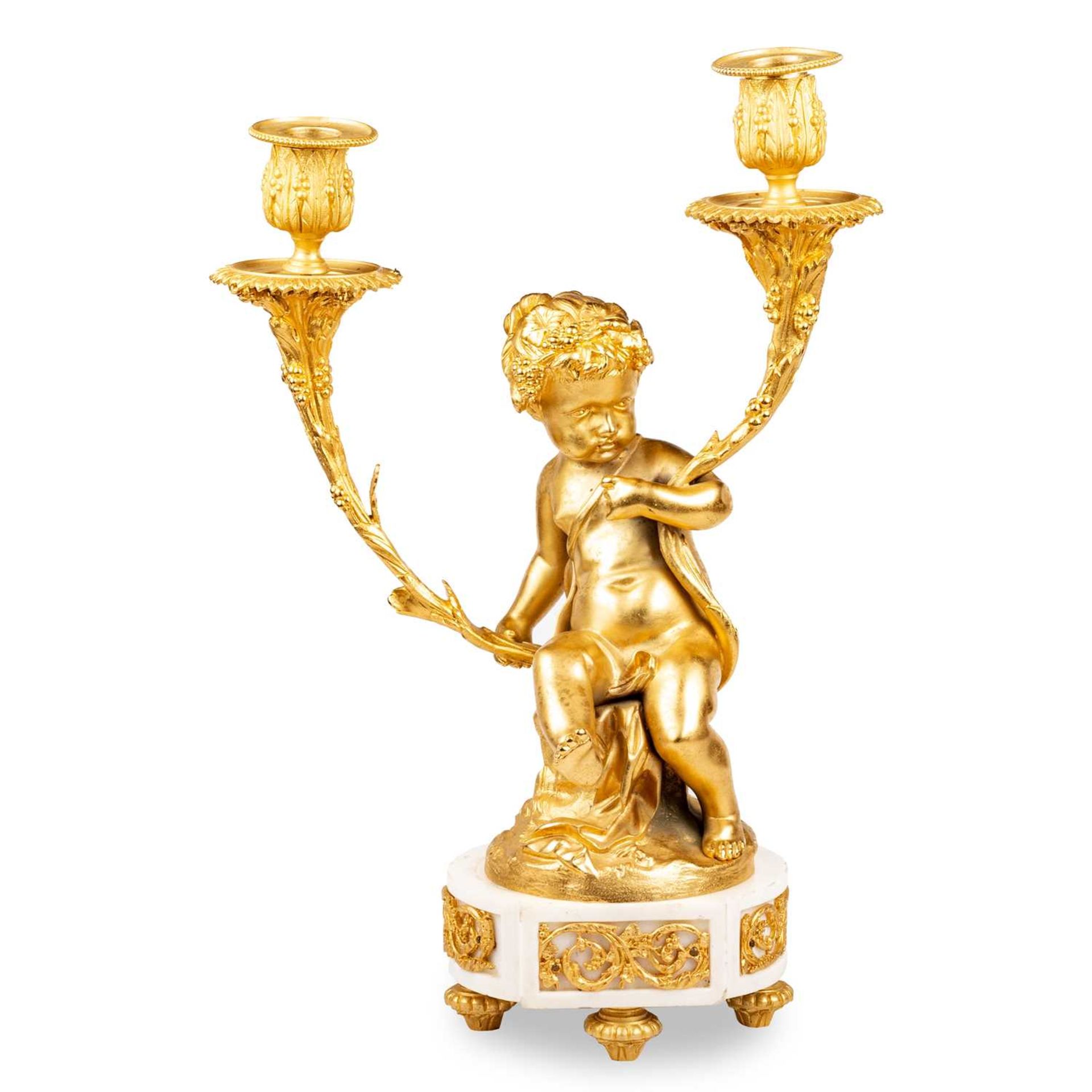 A PAIR OF LOUIS XVI STYLE GILT-BRONZE AND MARBLE FIGURAL TWO-LIGHT CANDELABRA After models by Claude - Image 3 of 3