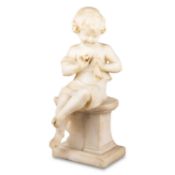 AN ITALIAN MARBLE FIGURE OF A SEATED GIRL SEWING, LATE 19TH CENTURY