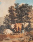 ATTRIBUTED TO ROBERT HILLS (1769-1844) CATTLE AND A FIGURE IN A WOODLAND LANDSCAPE