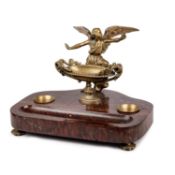 AN IMPOSING BRONZE AND ROUGE MARBLE INKSTAND, 19TH CENTURY