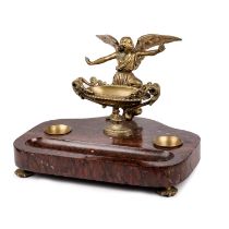 AN IMPOSING BRONZE AND ROUGE MARBLE INKSTAND, 19TH CENTURY