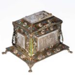 AN AUSTRIAN ENAMELLED, PARCEL-GILT AND SILVER-MOUNTED ROCK CRYSTAL JEWEL CASKET by Rudolf Linke, Vie