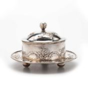 A CHINESE SILVER AND GLASS BUTTER DISH