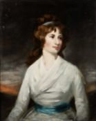 AFTER GEORGE ROMNEY (19TH CENTURY) PORTRAIT OF A LADY IN WHITE DRESS AND BLUE SASH