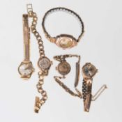 AN ASSORTMENT OF FIVE LADY'S GOLD WATCHES