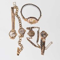 AN ASSORTMENT OF FIVE LADY'S GOLD WATCHES