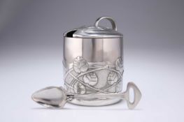 ARCHIBALD KNOX (1864-1933) FOR LIBERTY & CO, A TUDRIC PEWTER PRESERVE POT AND SPOON