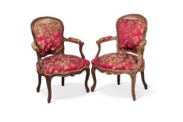 A PAIR OF LOUIS XV STYLE BEECH FAUTEUILS, 19TH CENTURY