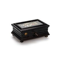 A PIETRA DURA EBONISED MUSIC BOX, LATE 19TH CENTURY