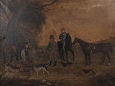 19TH CENTURY ENGLISH SCHOOL A GAMEKEEPER AND HIS SONS IN AN EXTENSIVE LANDSCAPE