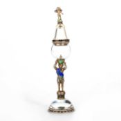 A 19TH CENTURY AUSTRO-HUNGARIAN SILVER, ROCK CRYSTAL AND ENAMEL FIGURAL JAR AND COVER