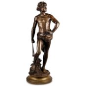AFTER ADRIEN ÉTIENNE GAUDEZ (FRENCH, 1845-1902), A PATINATED BRONZE FIGURE OF DAVID
