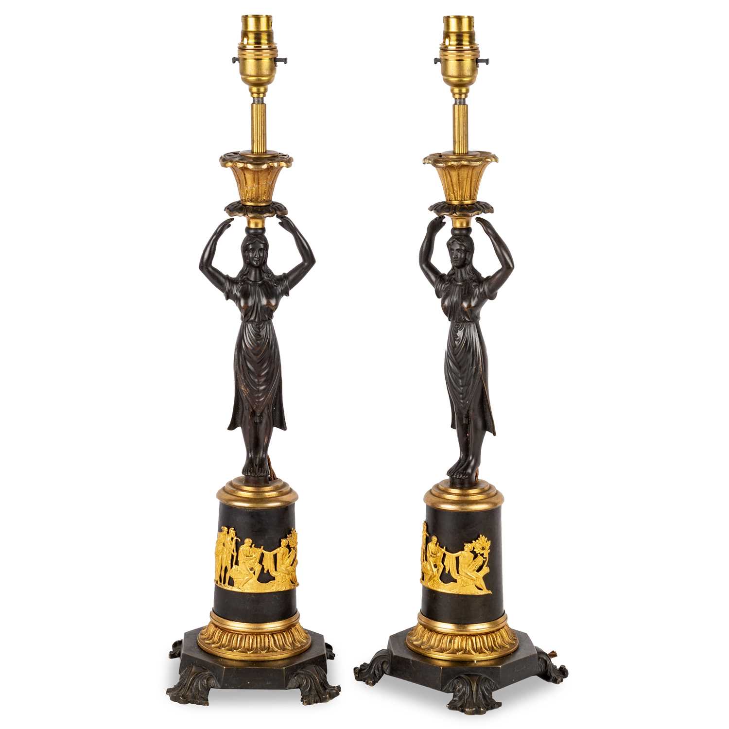 A PAIR OF EMPIRE STYLE GILT AND PATINATED BRONZE FIGURAL CANDLESTICKS, 19TH CENTURY