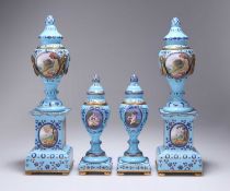 A RARE SET OF FOUR ORMOLU-MOUNTED STAFFORDSHIRE ENAMEL CASSOLETTES OR CANDLESTICKS, CIRCA 1770