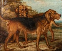 19TH CENTURY ENGLISH SCHOOL PORTRAIT OF TWO HOUNDS IN A LANDSCAPE