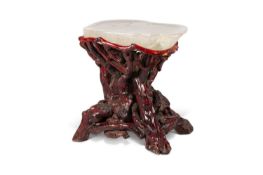 A CHINESE ROOT WOOD AND JADEITE OCCASIONAL TABLE