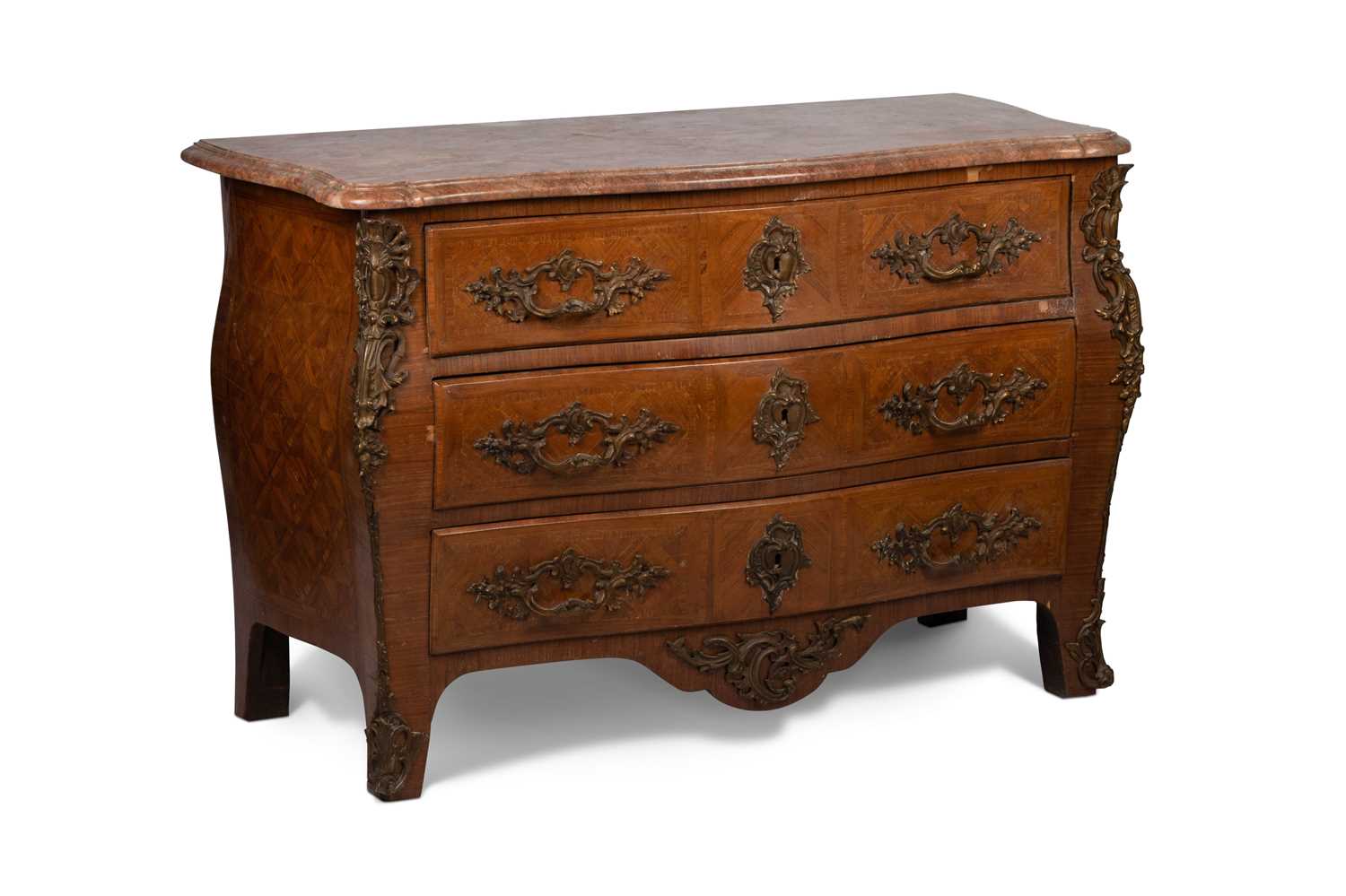 A LOUIS XV STYLE GILT-METAL MOUNTED AND MARBLE-TOPPED COMMODE