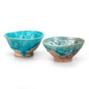 TWO TURQUOISE BLUE GLAZED POTTERY CUPS, KASHAN, PERSIA, 12TH CENTURY