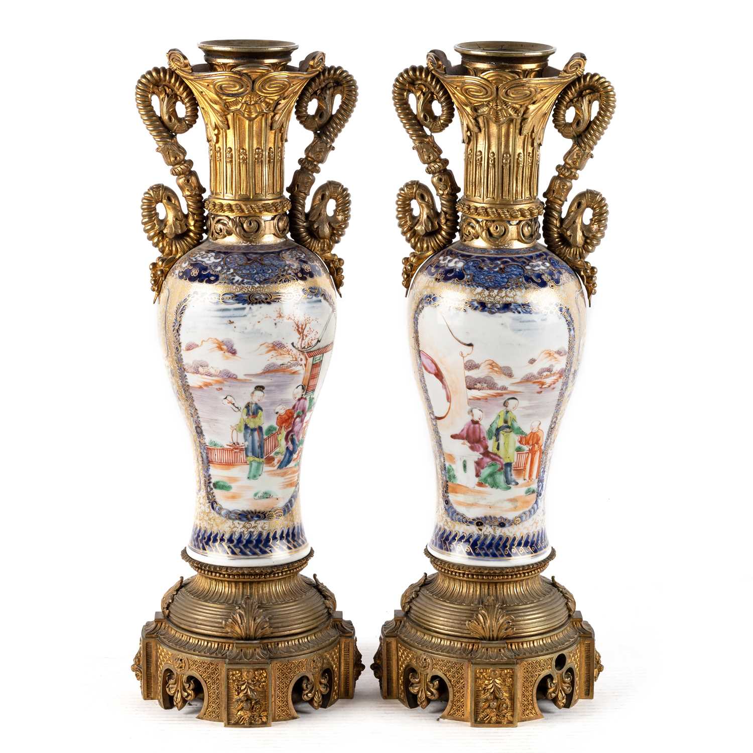 A PAIR OF CHINESE EXPORT MANDARIN PALETTE VASES MOUNTED AS LAMPS, THE VASES CIRCA 1785