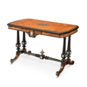 A VICTORIAN JASPERWARE INSET, ORMOLU-MOUNTED AND IVORY-INLAID AMBOYNA AND EBONISED WRITING TABLE