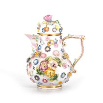 A MEISSEN FLORAL ENCRUSTED COFFEE POT AND COVER, 19TH CENTURY