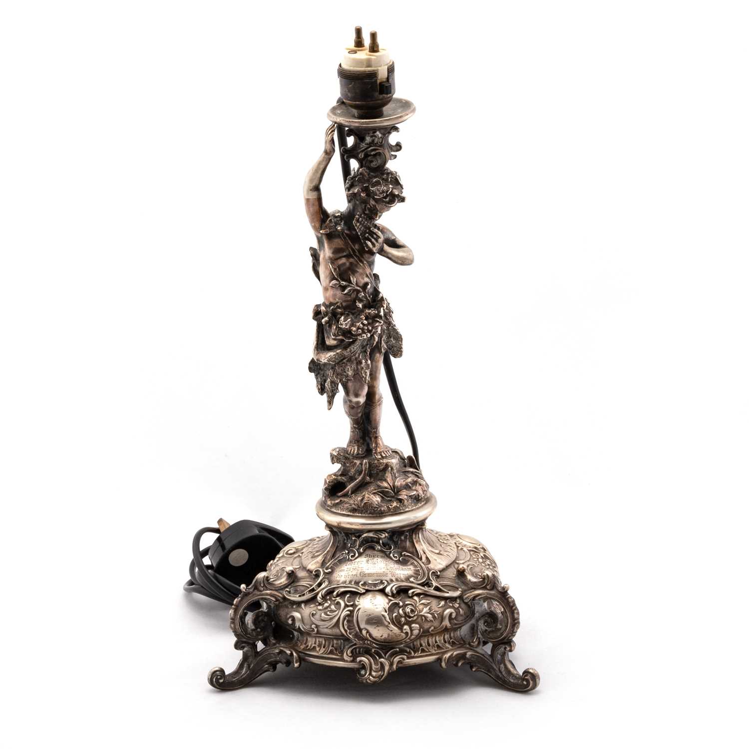 A GERMAN SILVER FIGURAL TABLE LAMP, LATE 19TH CENTURY