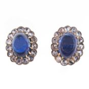 A PAIR OF SAPPHIRE AND DIAMOND OVAL CLUSTER STUD EARRINGS