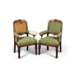 A PAIR OF VICTORIAN MAHOGANY ELBOW CHAIRS, ONE SIGNED LAMB, MANCHESTER