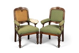 A PAIR OF VICTORIAN MAHOGANY ELBOW CHAIRS, ONE SIGNED LAMB, MANCHESTER