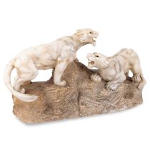AN ART DECO ITALIAN CARVED ALABASTER GROUP OF TIGERS