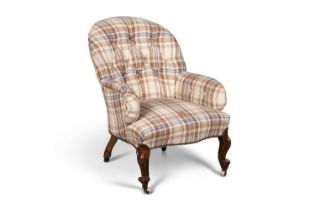 A VICTORIAN WALNUT AND UPHOLSTERED BUTTON-BACK CHAIR