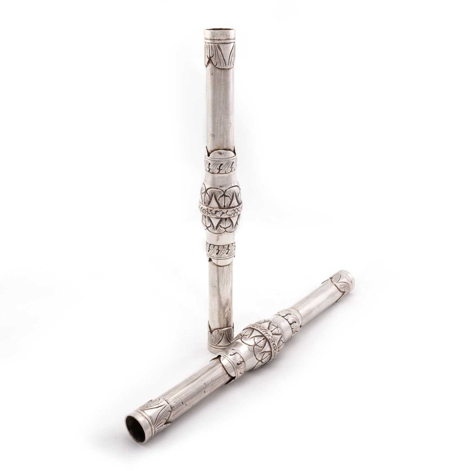 A PAIR OF SPANISH COLONIAL SILVER SCROLL HOLDERS OR CEREMONIAL BATONS