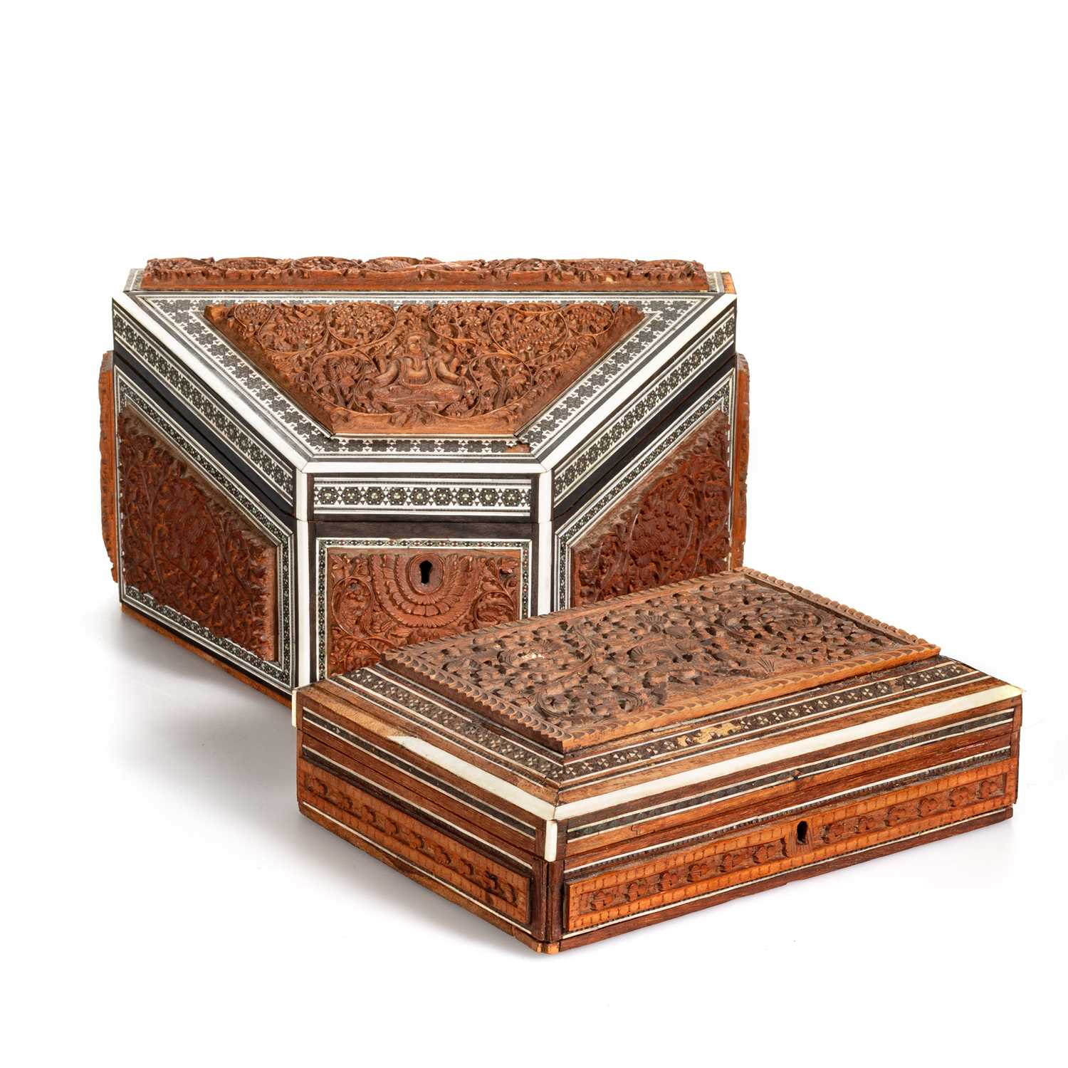 AN ANGLO-INDIAN SADELI AND CARVED SANDALWOOD STATIONARY BOX, PROBABLY BOMBAY, 19TH CENTURY